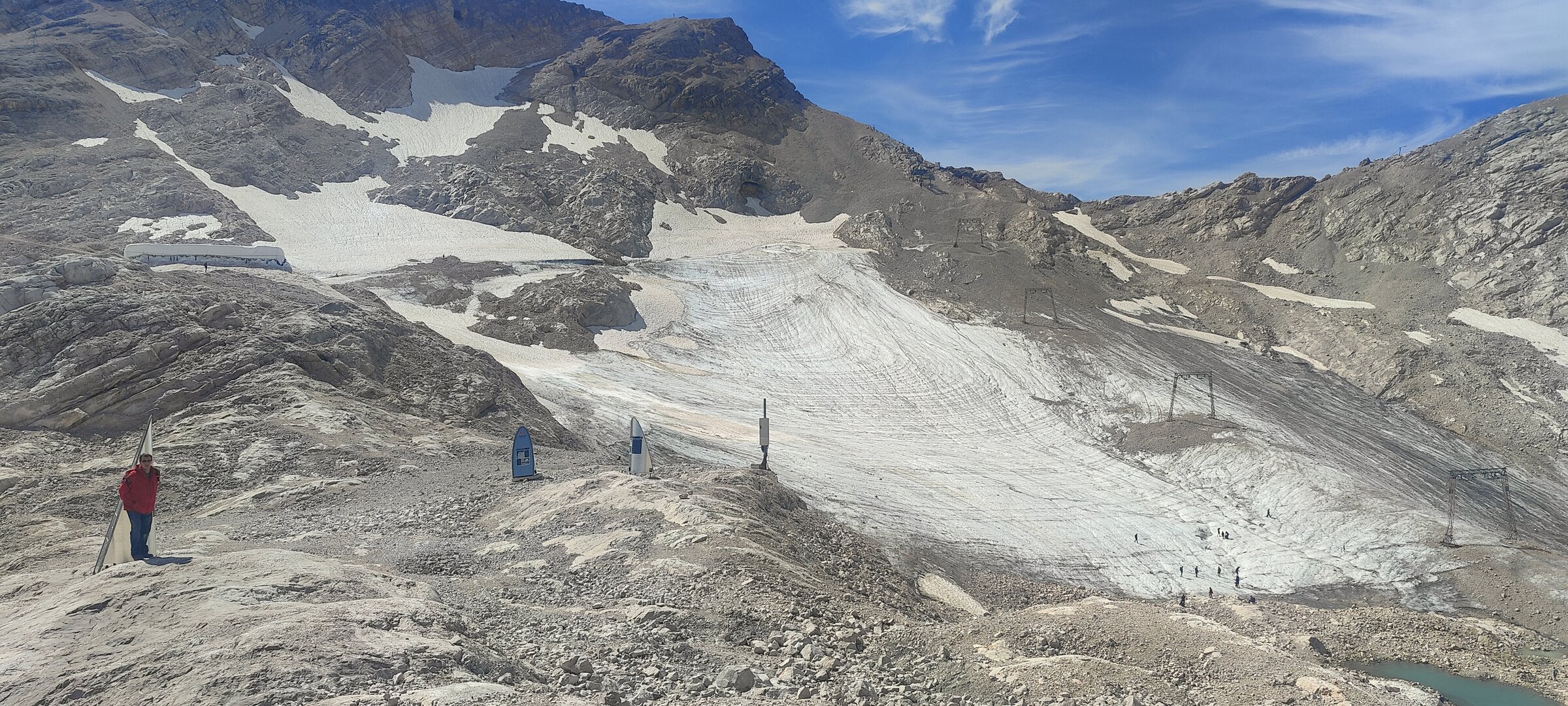 The remnants of the Schneeferner glacier clinging to the slopes of the Zugspitzplatt during the descent