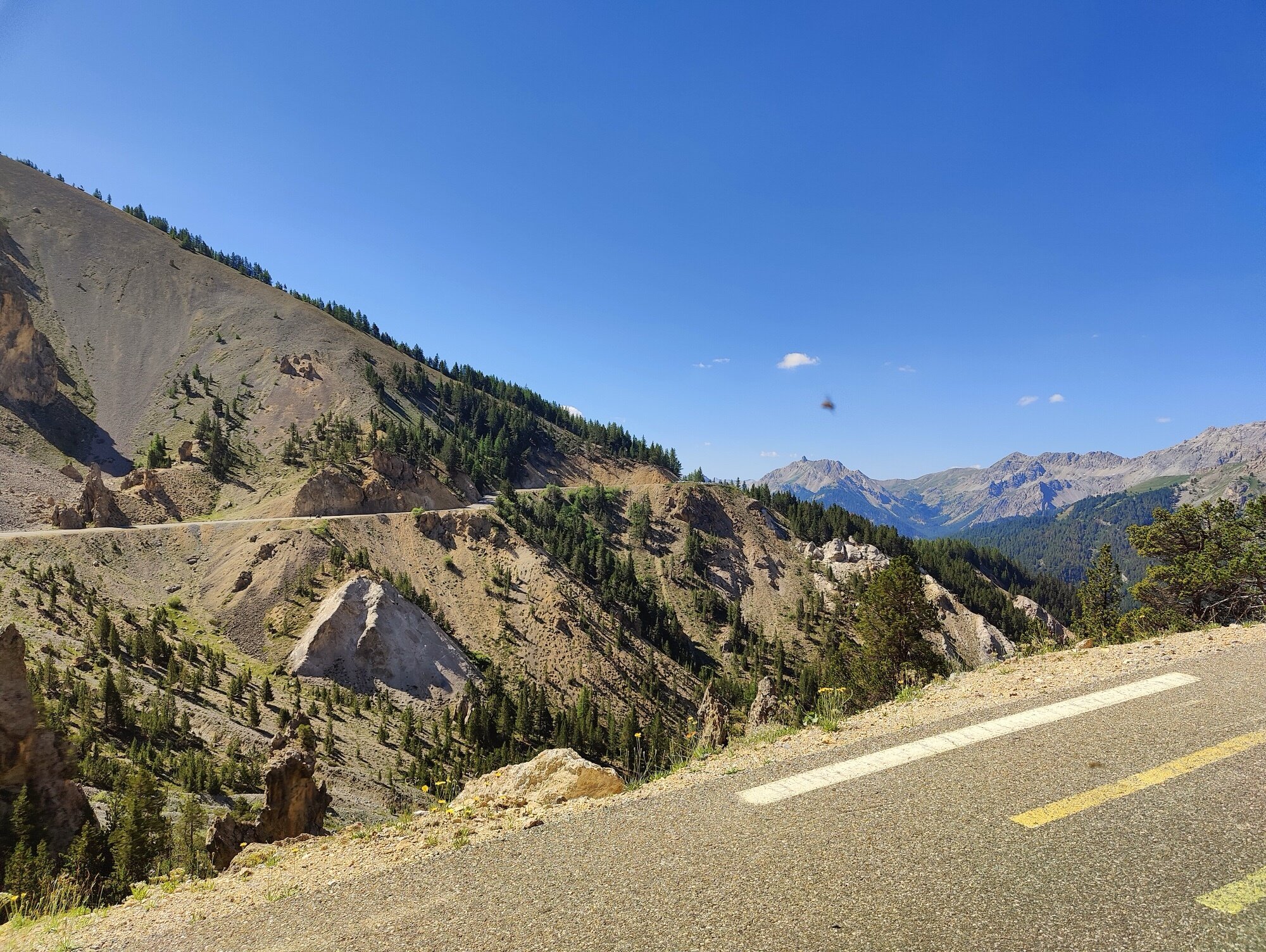 Un fil de bitume à travers la Casse Déserte, exposé et balayé par le vent au-dessus de la limite des arbres